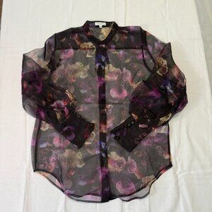 Equipment Femme Boleyn Sheer Black Silk Floral Puff Sleeve Button Shirt Size L